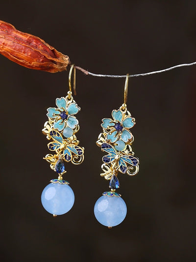 Women Vintage Cloisonne Flower Zircon Earrings