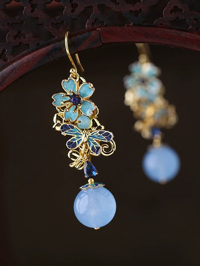 Women Vintage Cloisonne Flower Zircon Earrings
