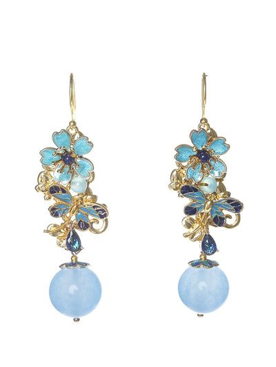 Women Vintage Cloisonne Flower Zircon Earrings