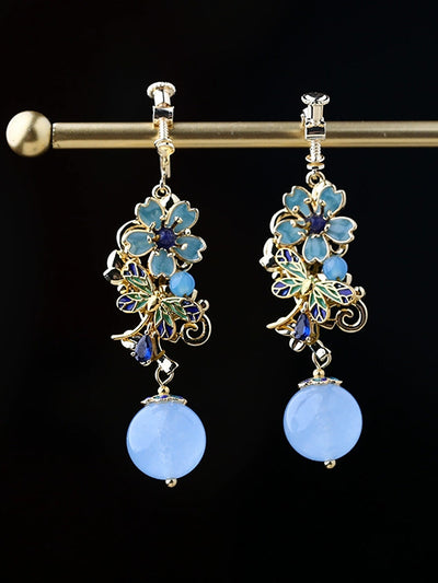 Women Vintage Cloisonne Flower Zircon Earrings