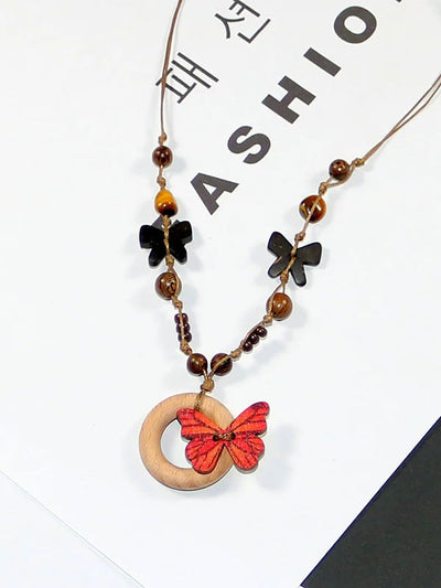 Women Artsy Wooden Butterfly Bead Necklace