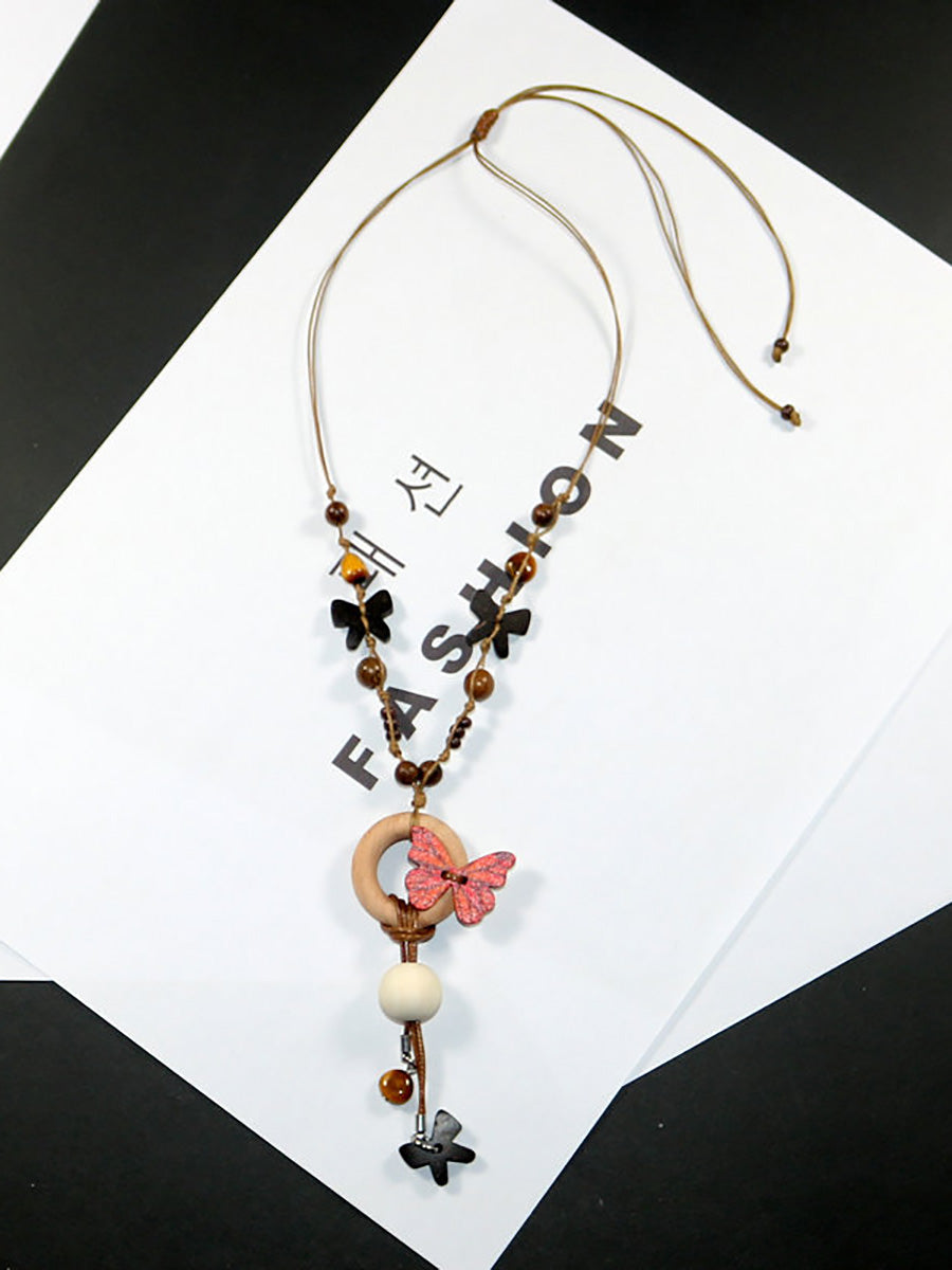 Women Artsy Wooden Butterfly Bead Necklace