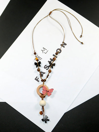 Women Artsy Wooden Butterfly Bead Necklace