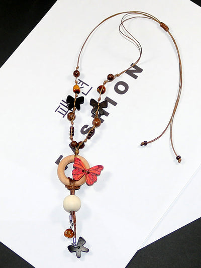Women Artsy Wooden Butterfly Bead Necklace