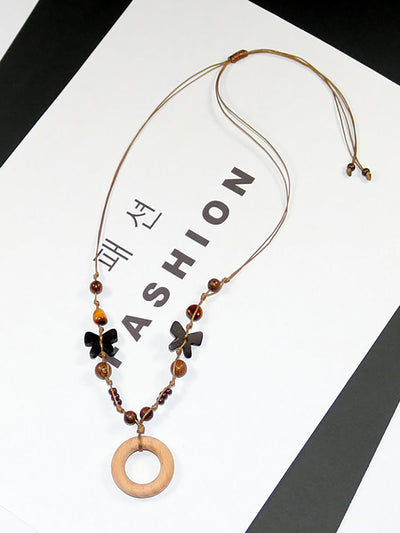 Women Artsy Wooden Butterfly Bead Necklace