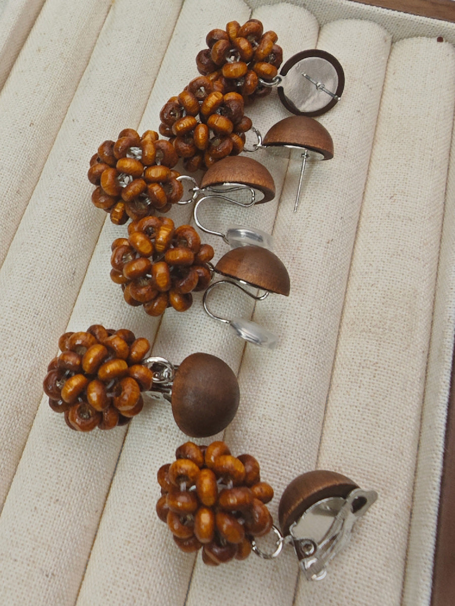 Women Vintage Wooden Pinecone S925Sliver Earrings