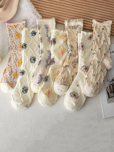 7 Pairs Women Artsy Flower Jacquard Socks