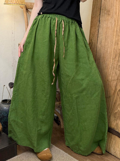Plus Size Women Summer Casual Pure Color Linen Wide-leg Pants