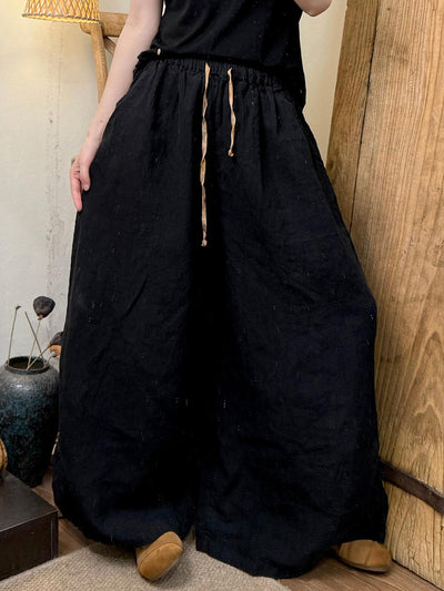 Plus Size Women Summer Casual Pure Color Linen Wide-leg Pants