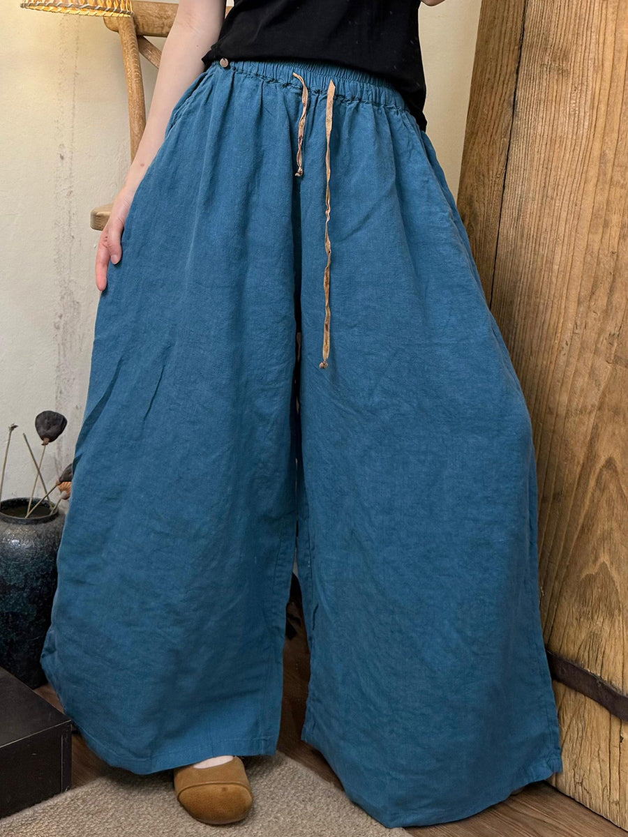 Plus Size Women Summer Casual Pure Color Linen Wide-leg Pants