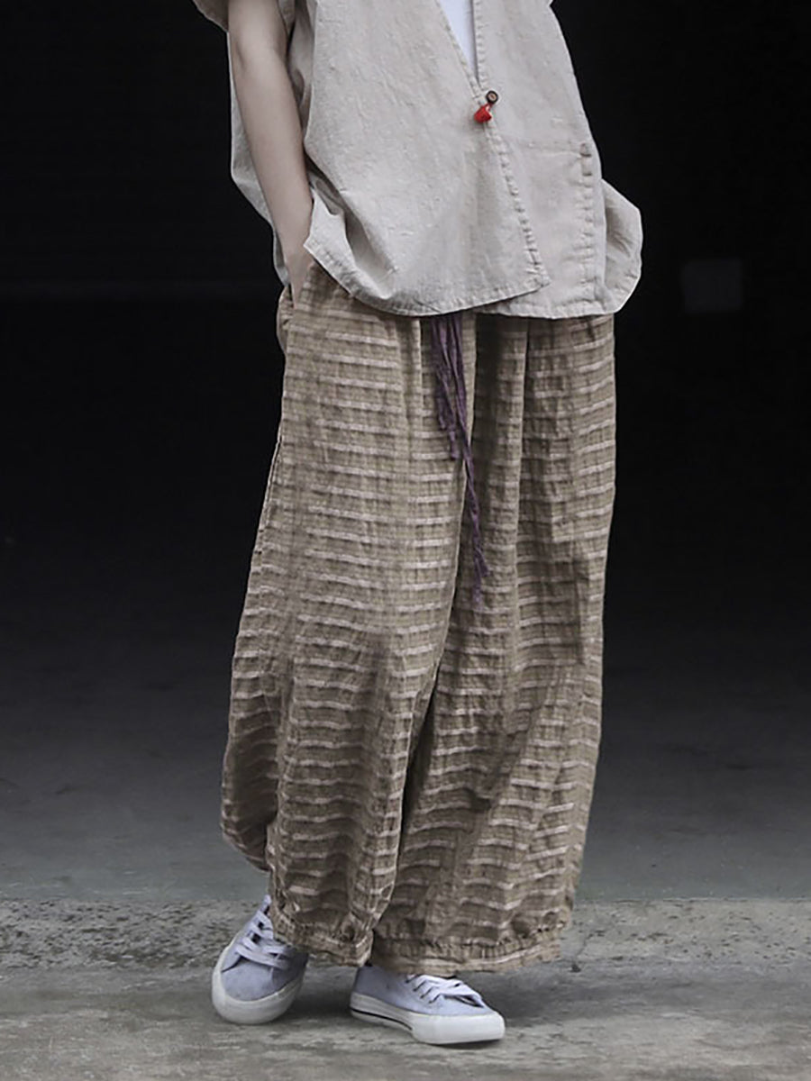 Women Summer Retro Stripe Ramie Wide-leg Pants