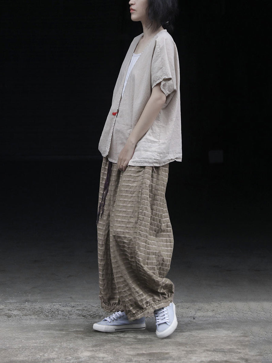 Women Summer Retro Stripe Ramie Wide-leg Pants