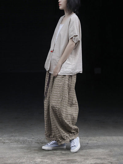 Women Summer Retro Stripe Ramie Wide-leg Pants