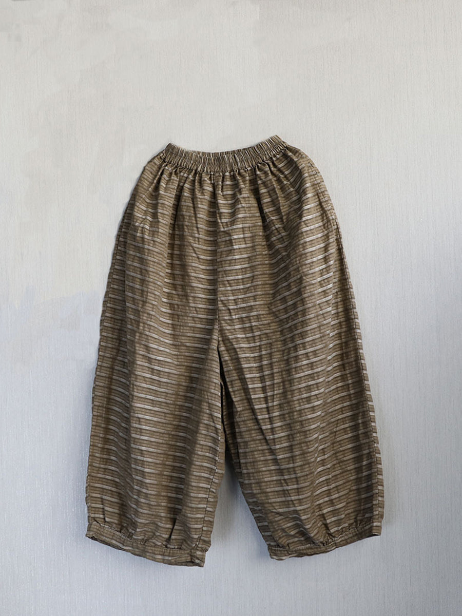 Women Summer Retro Stripe Ramie Wide-leg Pants