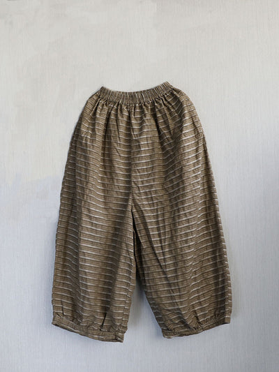 Women Summer Retro Stripe Ramie Wide-leg Pants