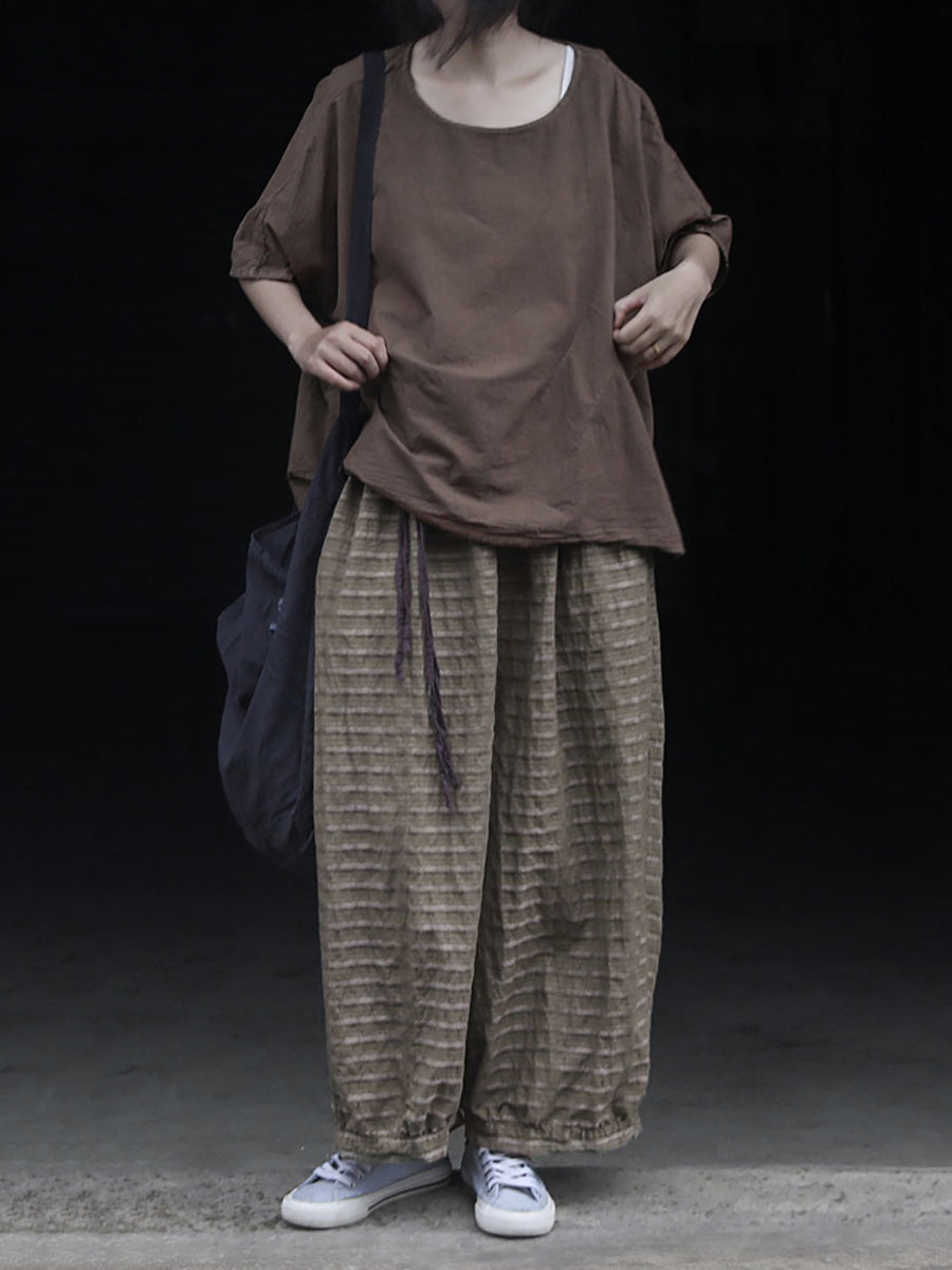 Women Summer Retro Stripe Ramie Wide-leg Pants