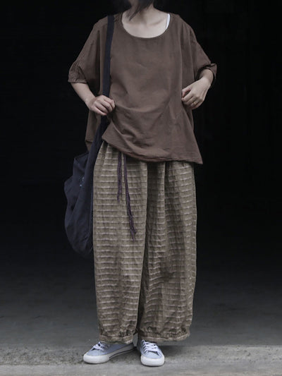 Women Summer Retro Stripe Ramie Wide-leg Pants