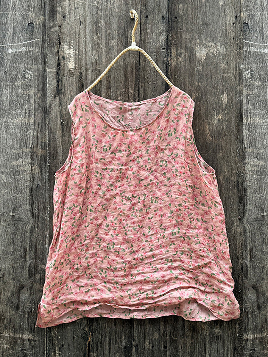 Women Summer Vintage Floral O-Neck Ramie Vest