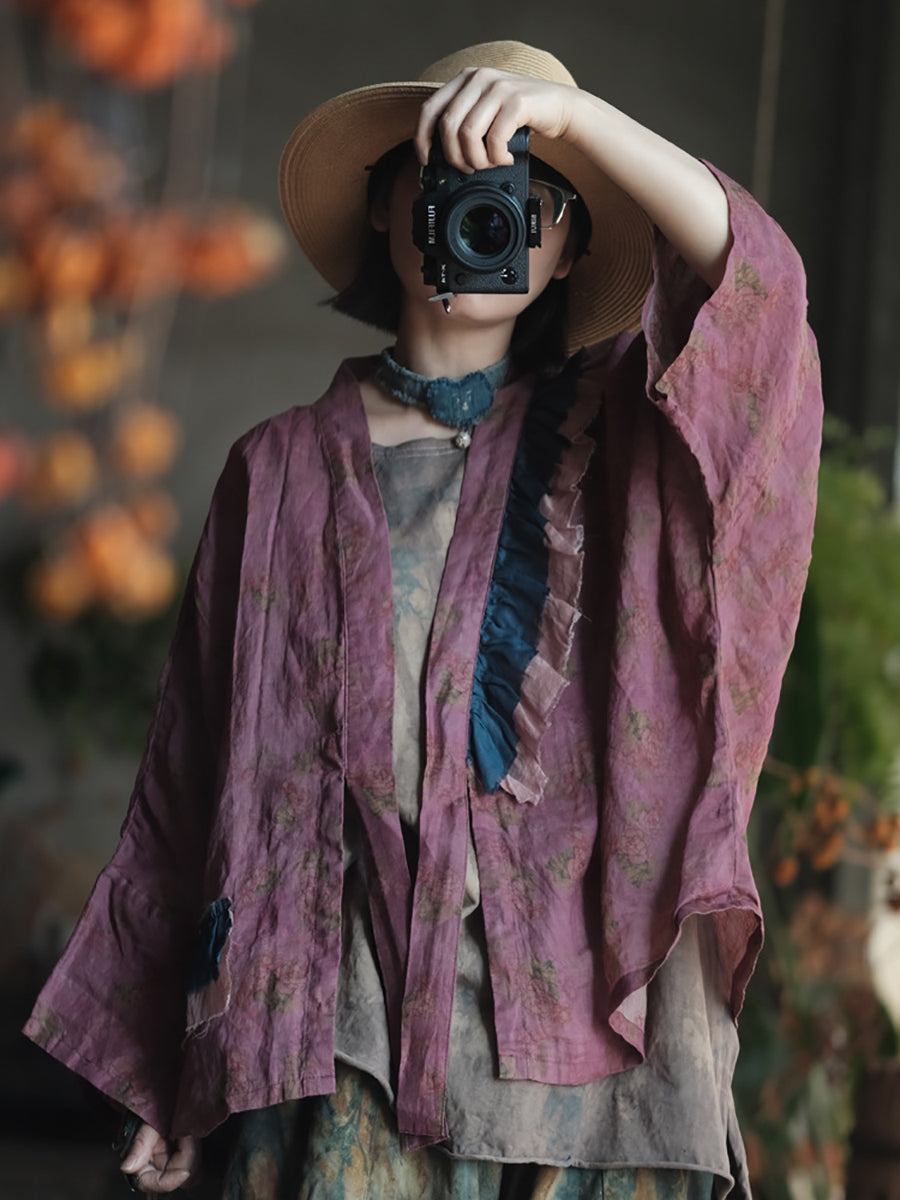 Women Summer Artsy Flower Colorblock Patch Linen Shirt Coat