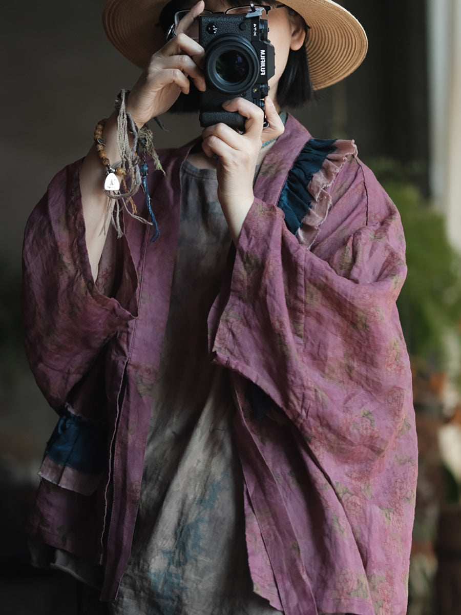 Women Summer Artsy Flower Colorblock Patch Linen Shirt Coat