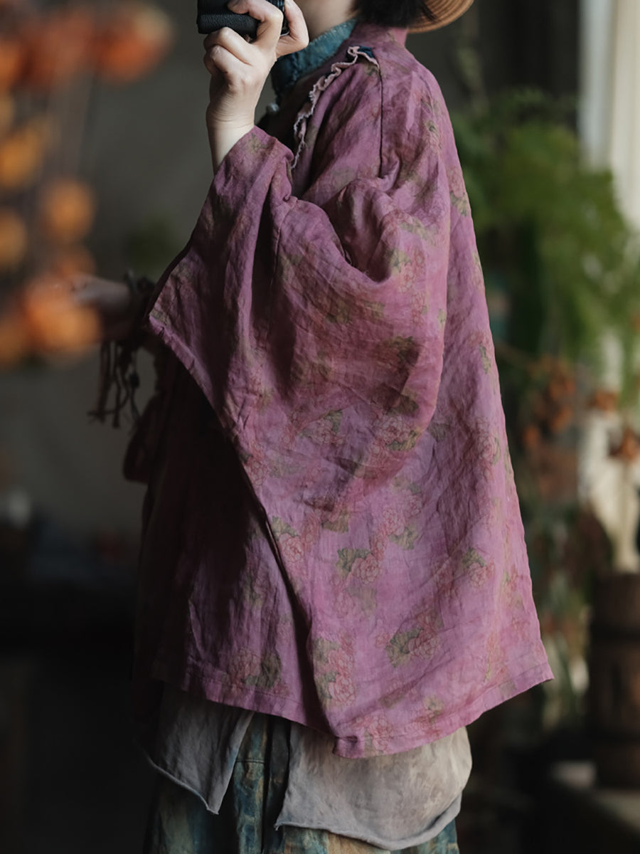 Women Summer Artsy Flower Colorblock Patch Linen Shirt Coat