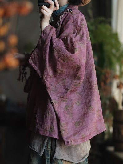 Women Summer Artsy Flower Colorblock Patch Linen Shirt Coat