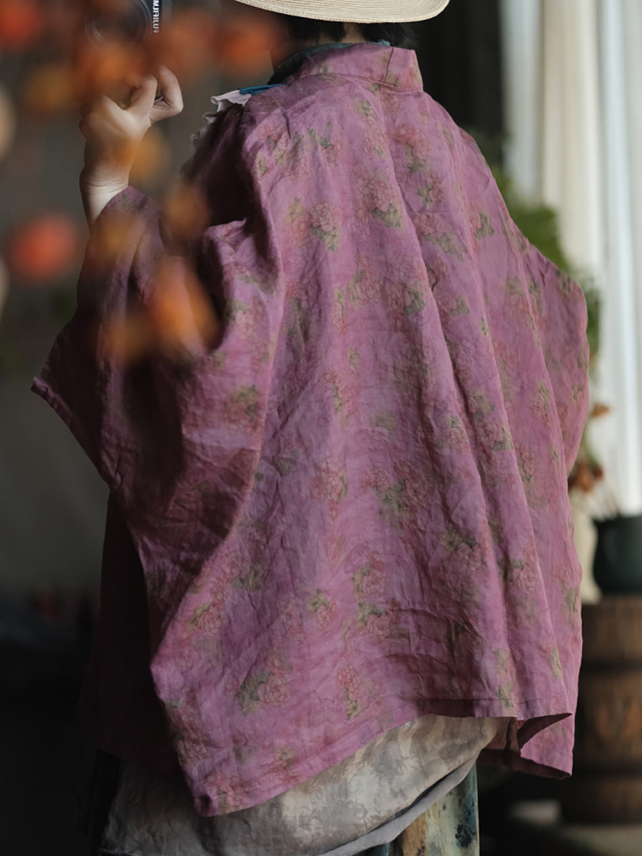 Women Summer Artsy Flower Colorblock Patch Linen Shirt Coat