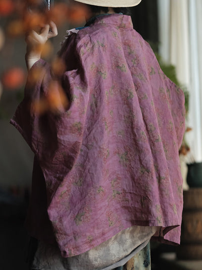 Women Summer Artsy Flower Colorblock Patch Linen Shirt Coat