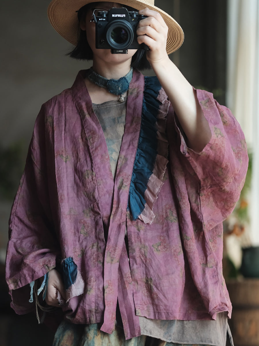 Women Summer Artsy Flower Colorblock Patch Linen Shirt Coat