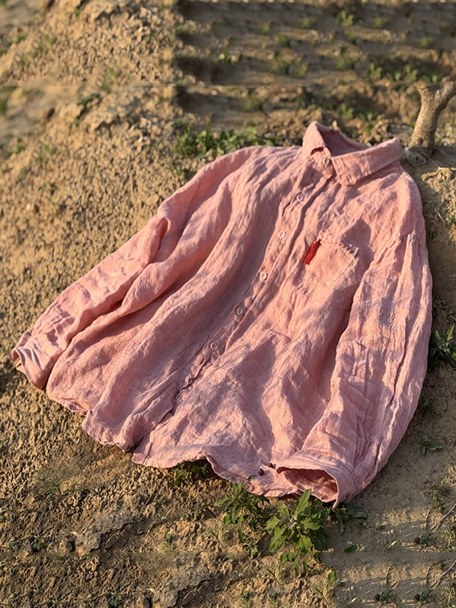 Women Summer Retro Pure Color Turn-down Collar Linen Shirt