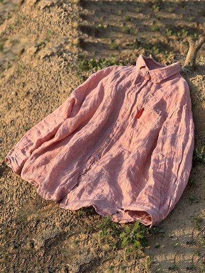 Women Summer Retro Pure Color Turn-down Collar Linen Shirt