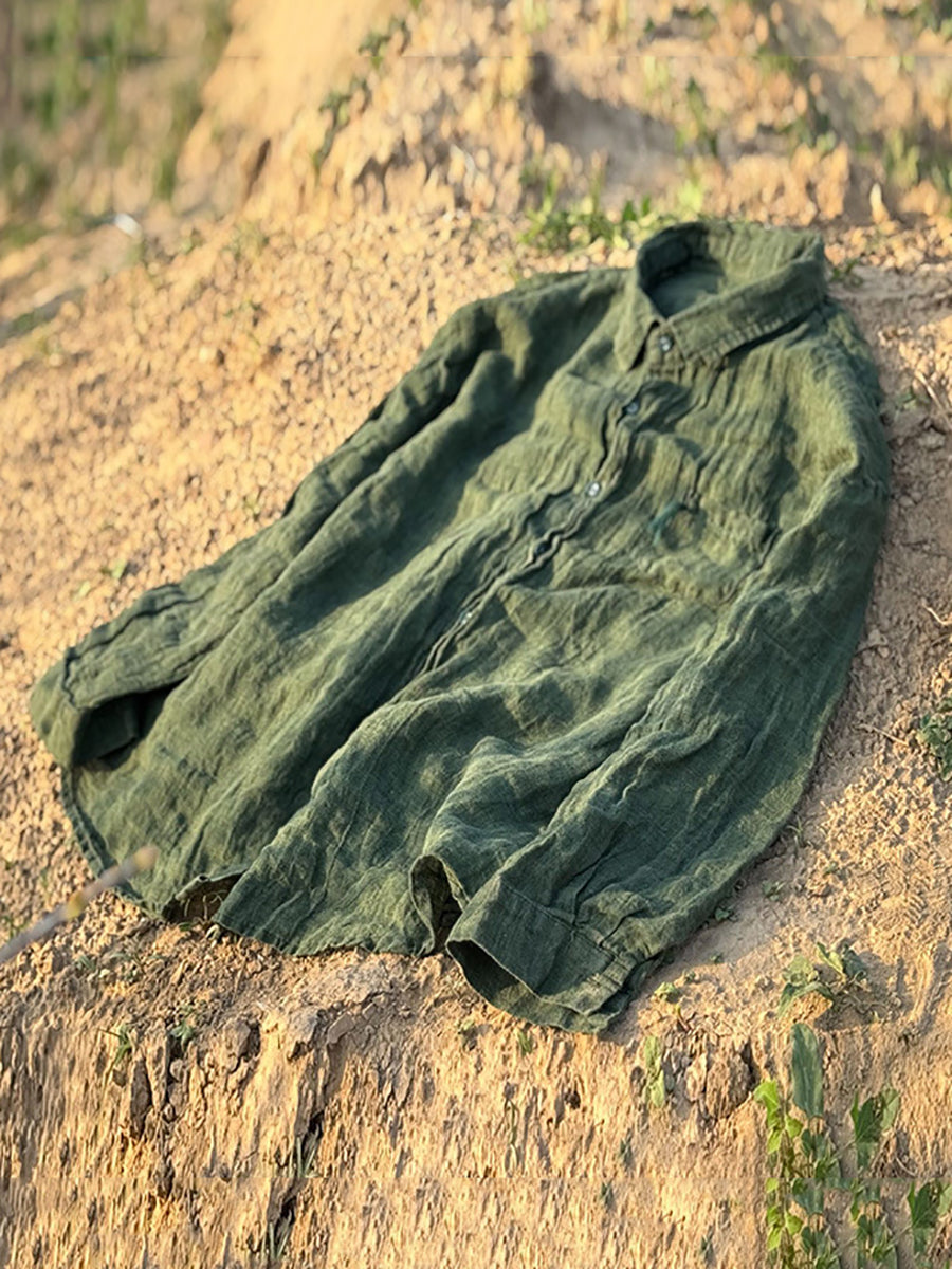 Women Summer Retro Pure Color Turn-down Collar Linen Shirt