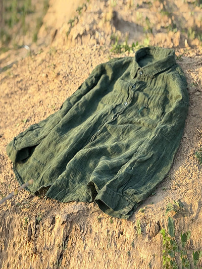 Women Summer Retro Pure Color Turn-down Collar Linen Shirt