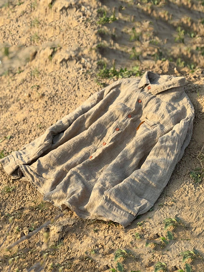 Women Summer Retro Pure Color Turn-down Collar Linen Shirt