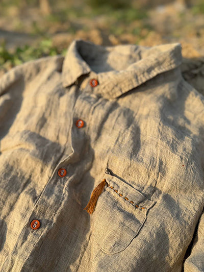 Women Summer Retro Pure Color Turn-down Collar Linen Shirt