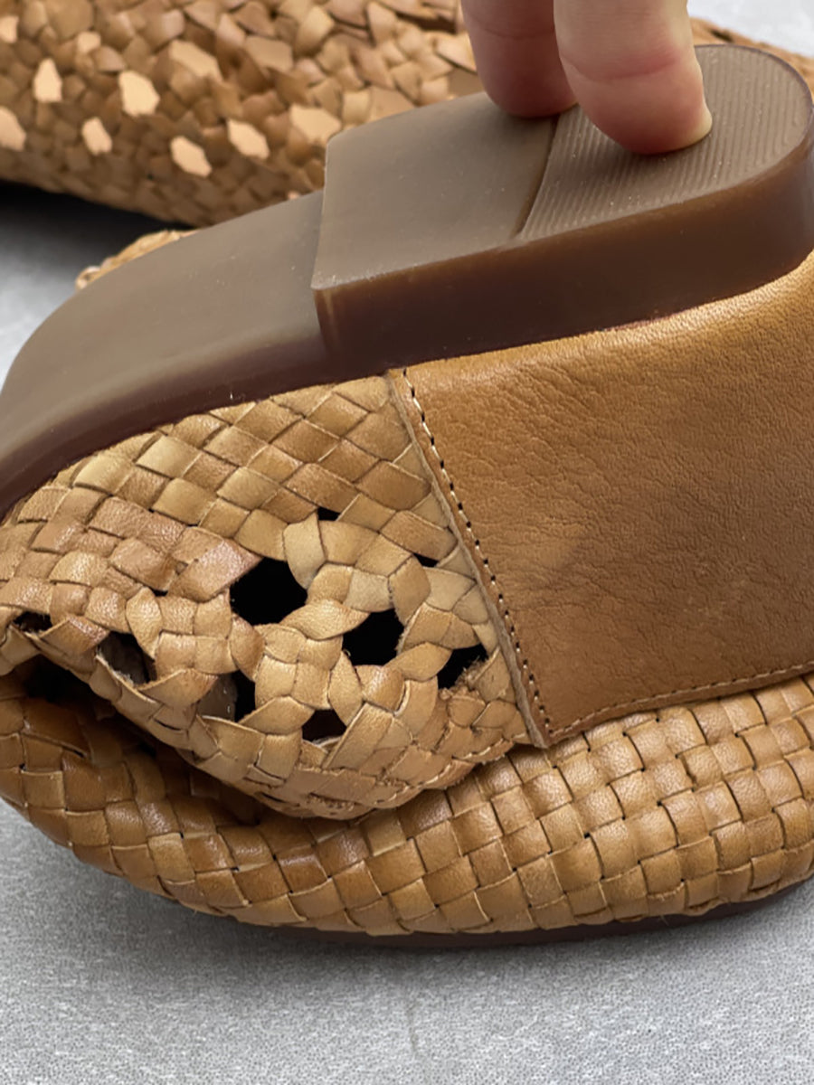 Women Retro Summer Genuine Leather Weave Shoes