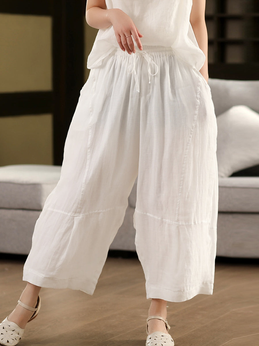 Women Summer Artsy Pure Color 100%Ramie Loose Bloomers