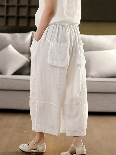 Women Summer Artsy Pure Color 100%Ramie Loose Bloomers