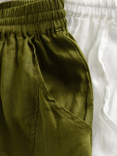 Women Summer Artsy Pure Color 100%Ramie Loose Bloomers