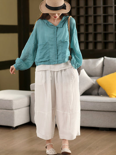 Women Summer Artsy Pure Color 100%Ramie Loose Bloomers