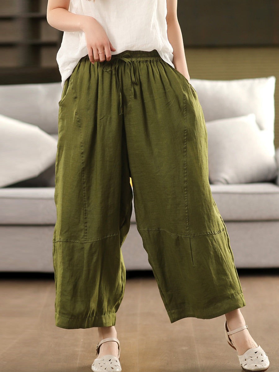 Women Summer Artsy Pure Color 100%Ramie Loose Bloomers