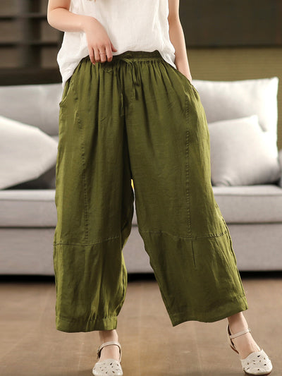 Women Summer Artsy Pure Color 100%Ramie Loose Bloomers