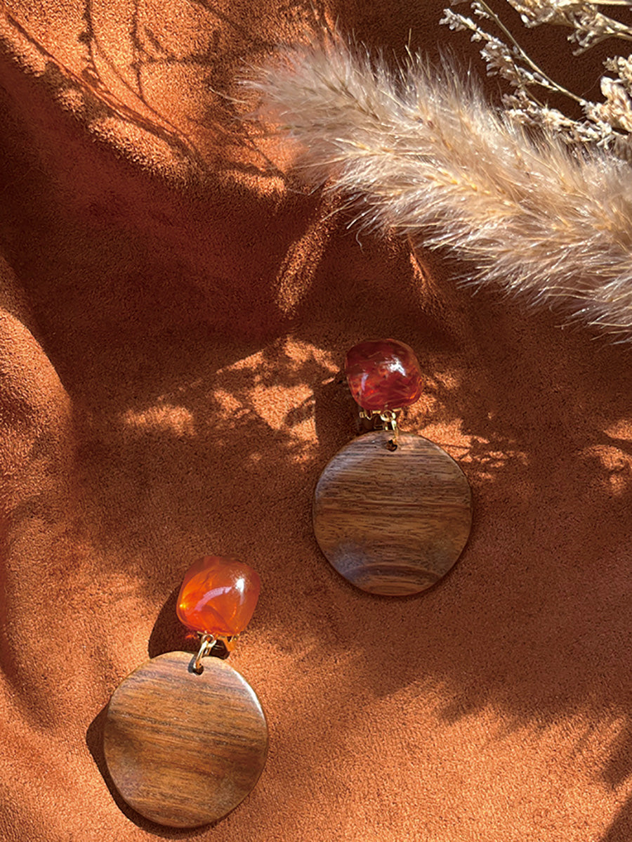 Women Ethnic Wooden Geometric Resin Earrings