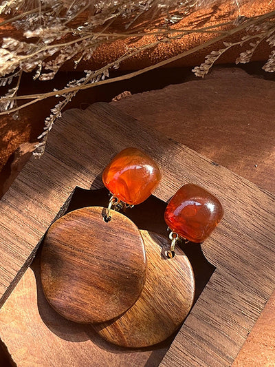 Women Ethnic Wooden Geometric Resin Earrings
