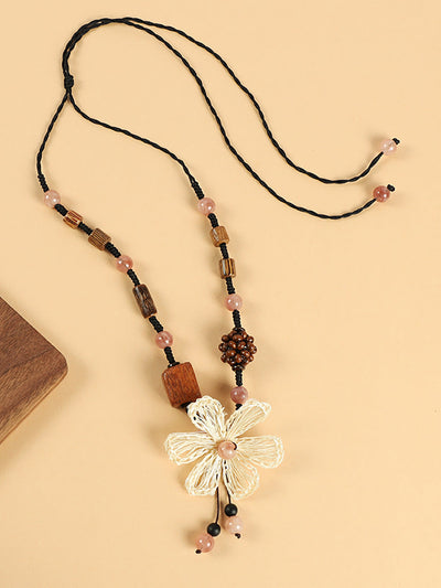 Women Artsy Wooden Bead Straw Flower Necklace