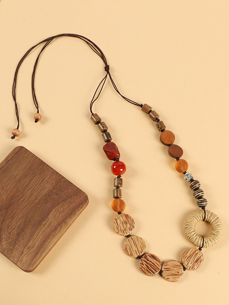 Women Artsy Wooden Bead Straw Flower Necklace