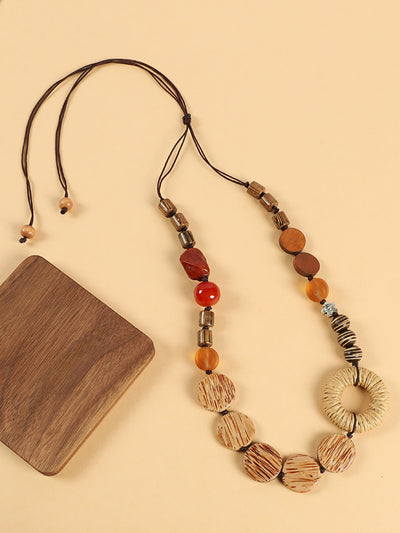 Women Artsy Wooden Bead Straw Flower Necklace