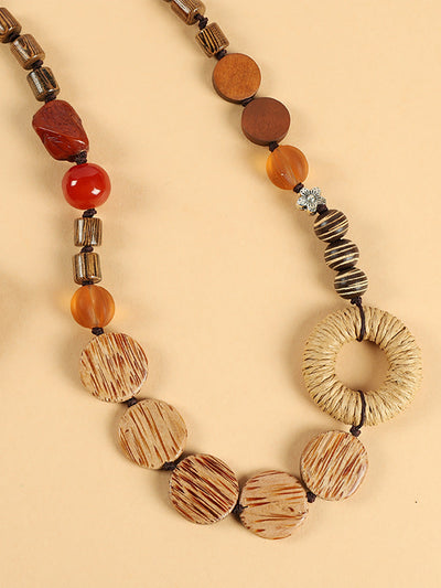 Women Artsy Wooden Bead Straw Flower Necklace