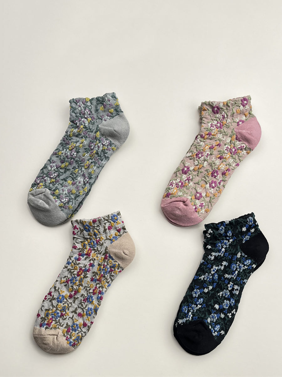 5 Pairs Women Artsy Floral Embossing Short Socks