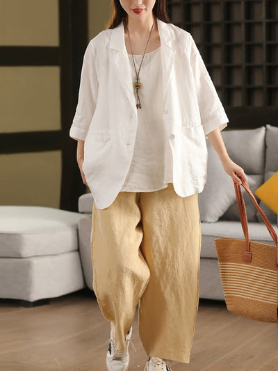 Plus Size Women Summer Artsy Pure Color 100%Linen Shirt Coat